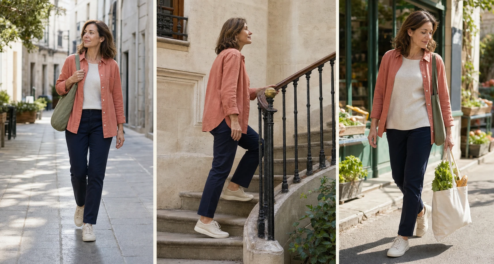 Triptyque montrant une femme qui marche dans une rue, monte un escalier et effectue un trajet à pied avec ses courses.