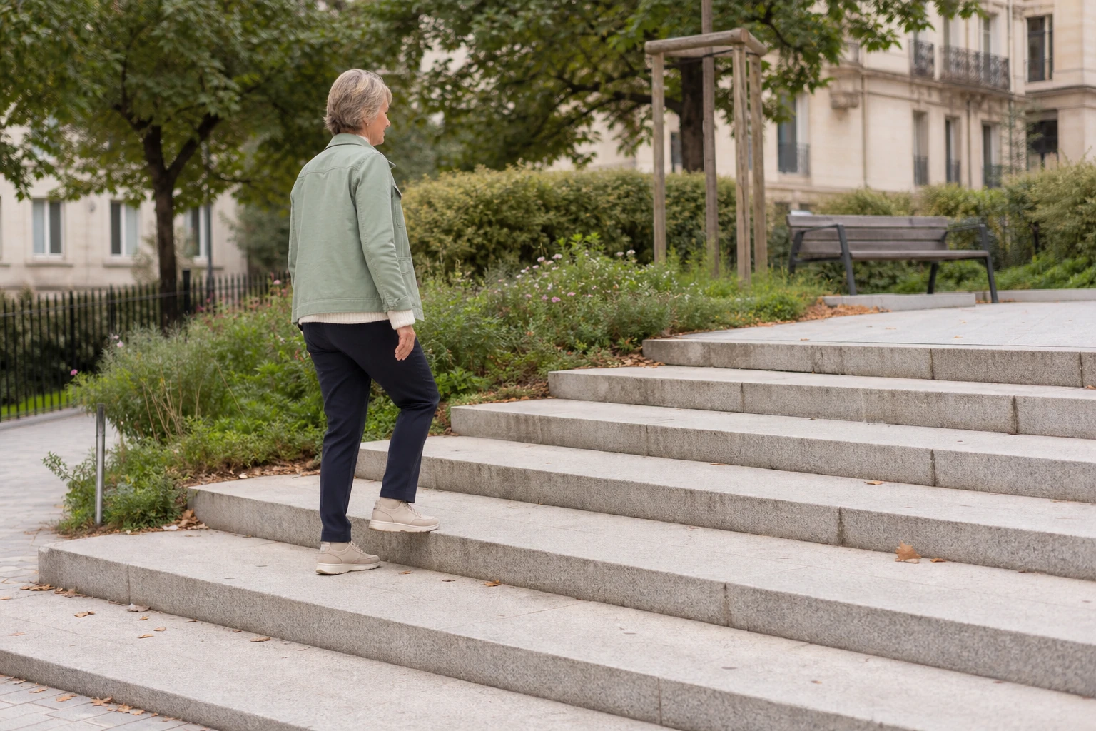 Femme aux cheveux gris montant tranquillement les premières marches d'un escalier dans un parc urbain.