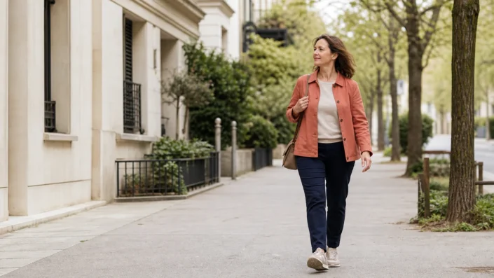 Femme en veste corail marchant d'un pas naturel dans une rue résidentielle bordée d'arbres.