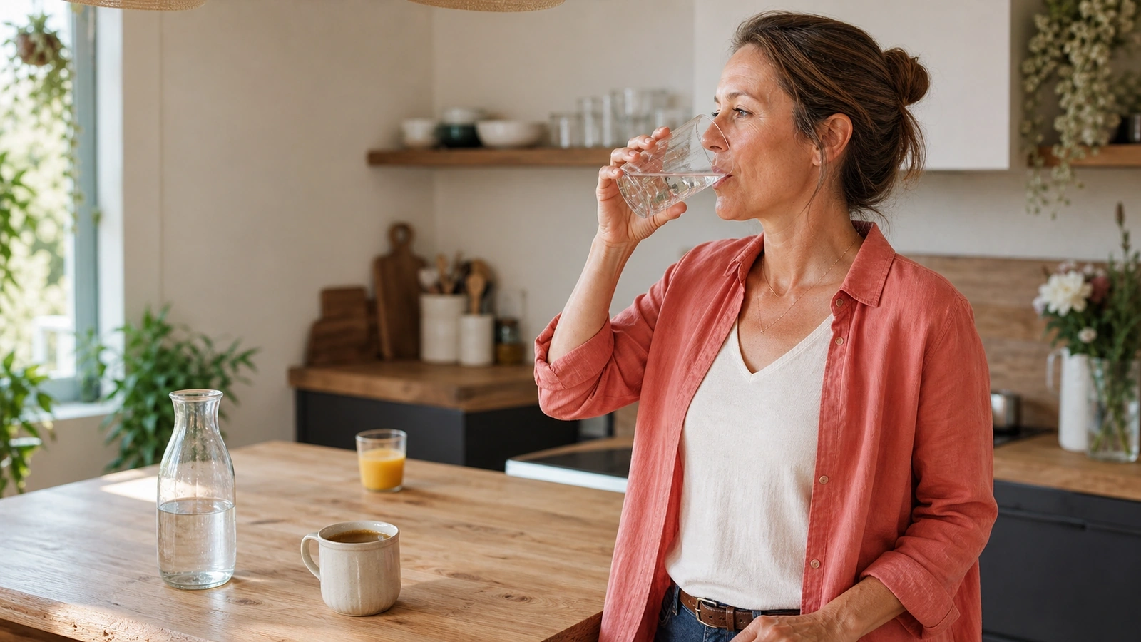 Femme buvant un verre d'eau dans une cuisine lumineuse, avec une carafe d'eau, une tasse chaude et un verre de jus sur la table.