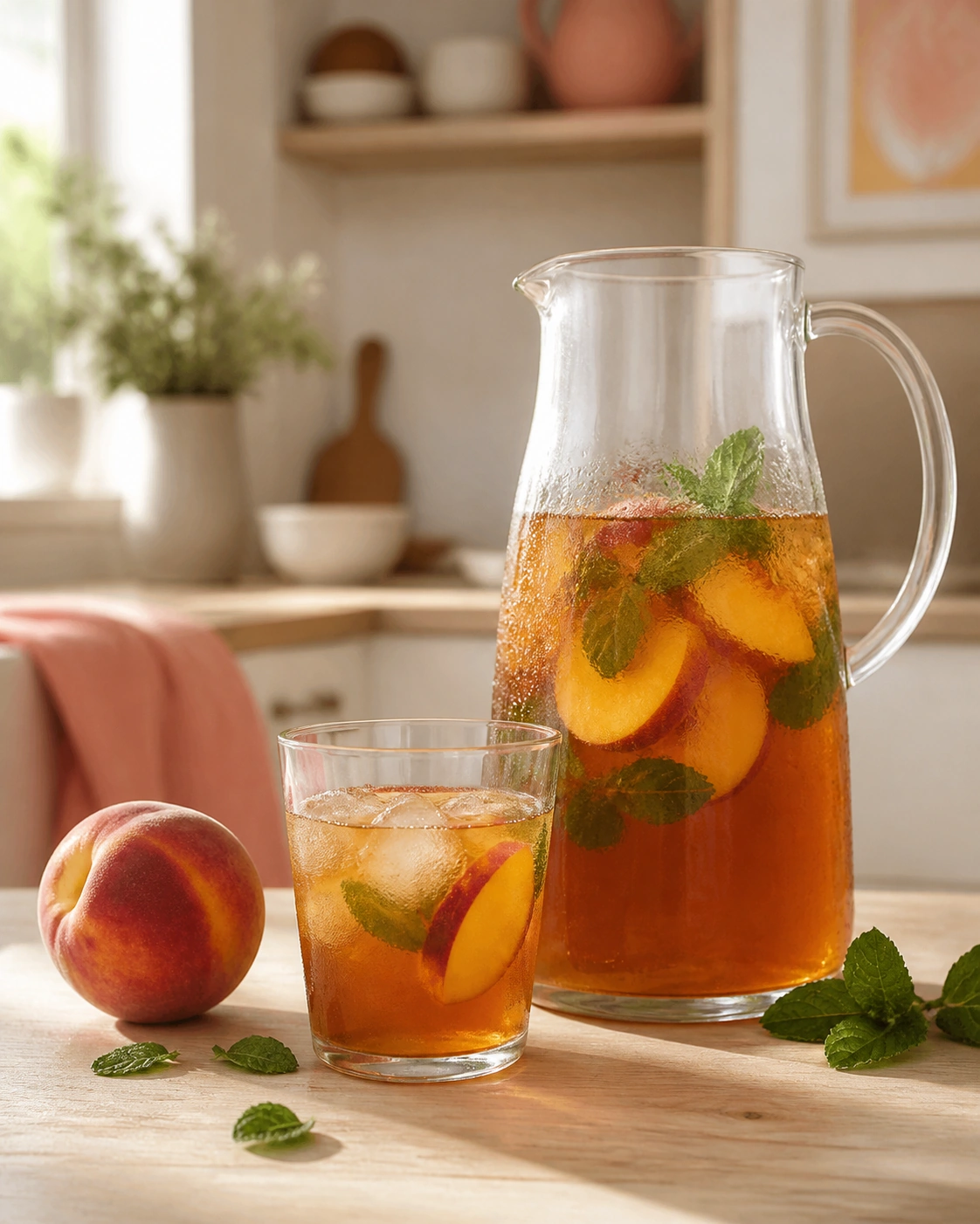 Carafe et verre de thé glacé ambré avec des quartiers de pêche, des feuilles de menthe et des glaçons sur une table en bois clair.