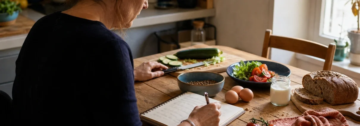 Femme assise à une table de cuisine, écrivant dans un carnet à côté de légumes, œufs, yaourt nature et pain complet.