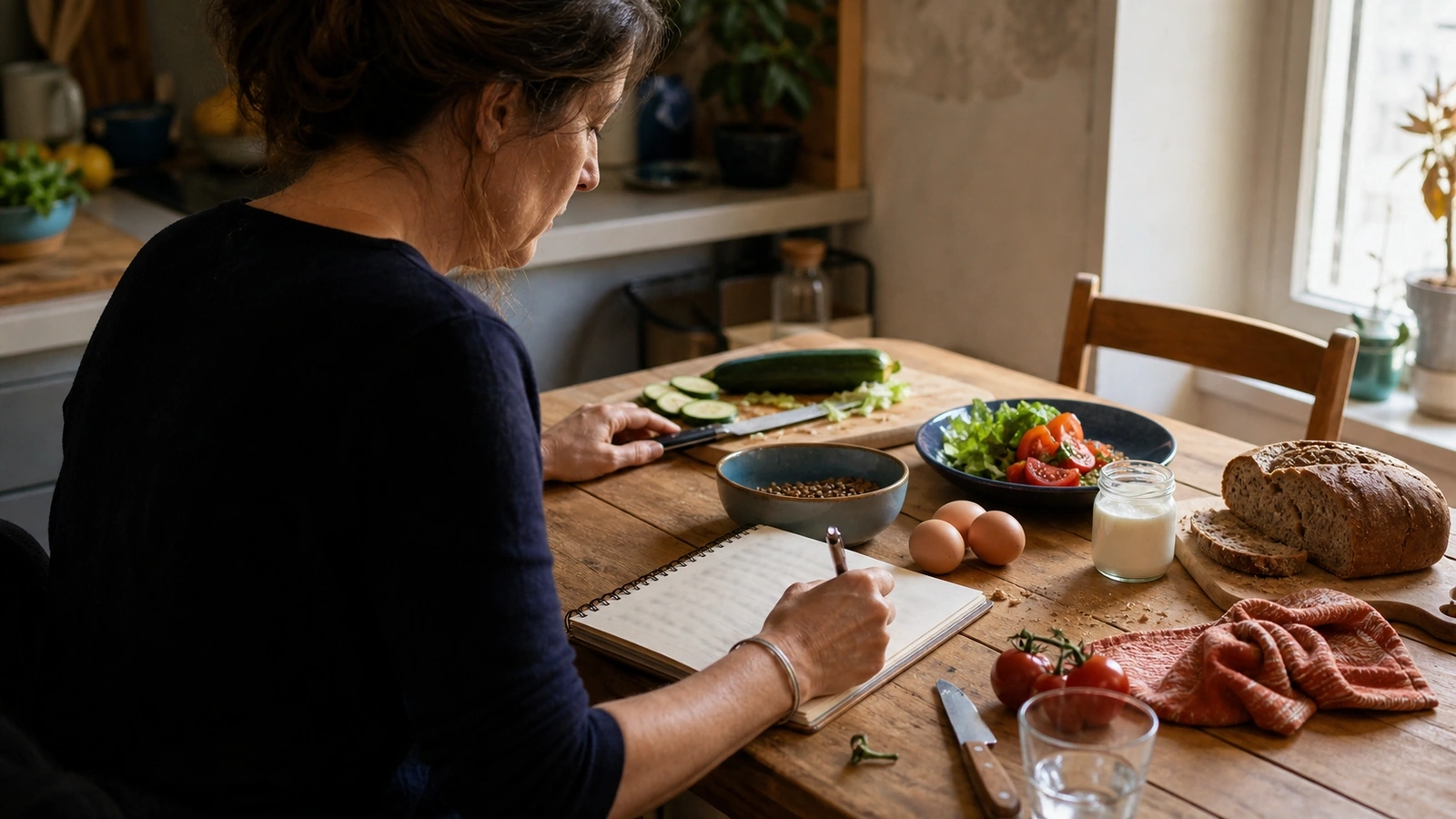 Femme assise à une table de cuisine, écrivant dans un carnet à côté de légumes, œufs, yaourt nature et pain complet.