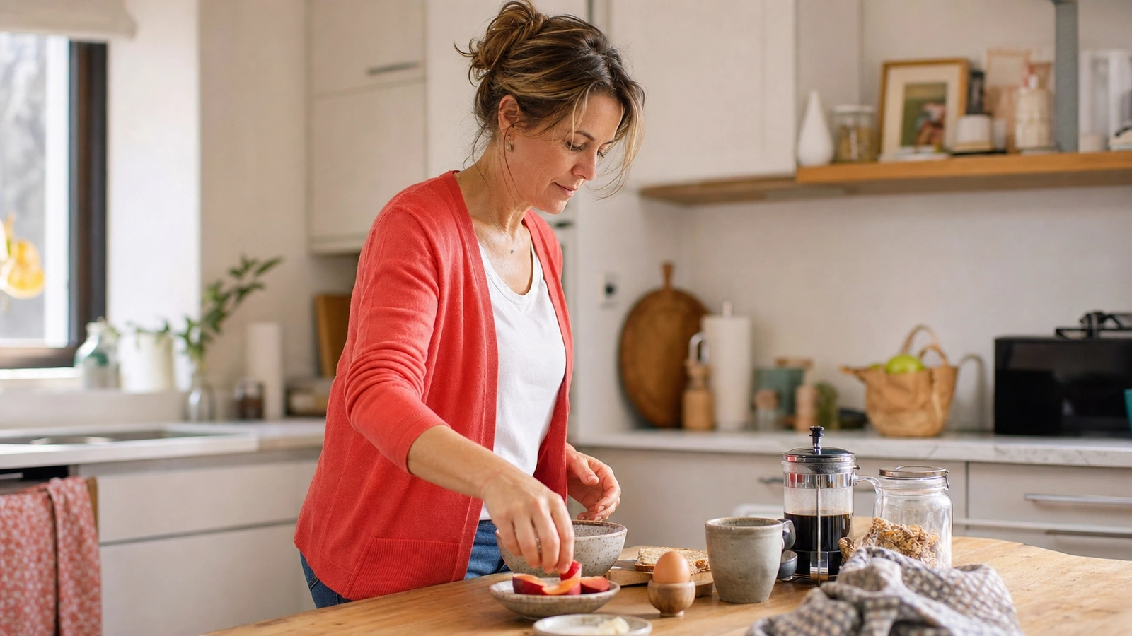 Femme de 45 à 50 ans préparant un petit-déjeuner dans une cuisine lumineuse, vêtue d'un gilet corail.