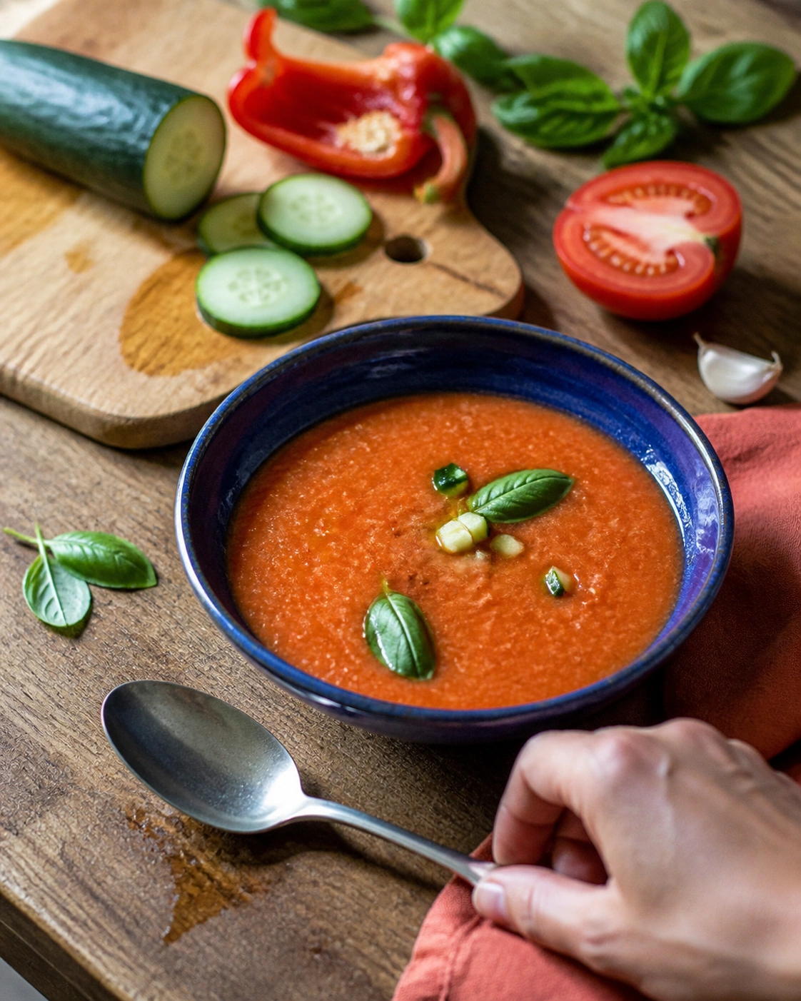 Gaspacho rouge-orangé à la texture maison dans un bol bleu, avec concombre, poivron, tomate, ail et basilic sur un plan de travail en bois utilisé.