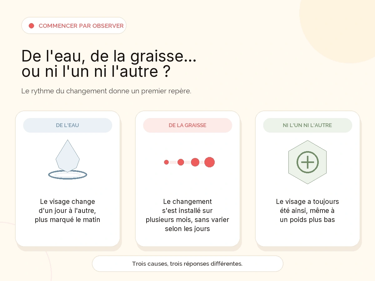 Trois cartes distinguent l'eau, lorsque le visage change d'un jour à l'autre et paraît plus marqué le matin ; la graisse, lorsque le changement s'installe sur plusieurs mois ; et la morphologie, lorsque le visage a toujours été ainsi, même à un poids plus bas. Mention finale : « Trois causes, trois réponses différentes. »