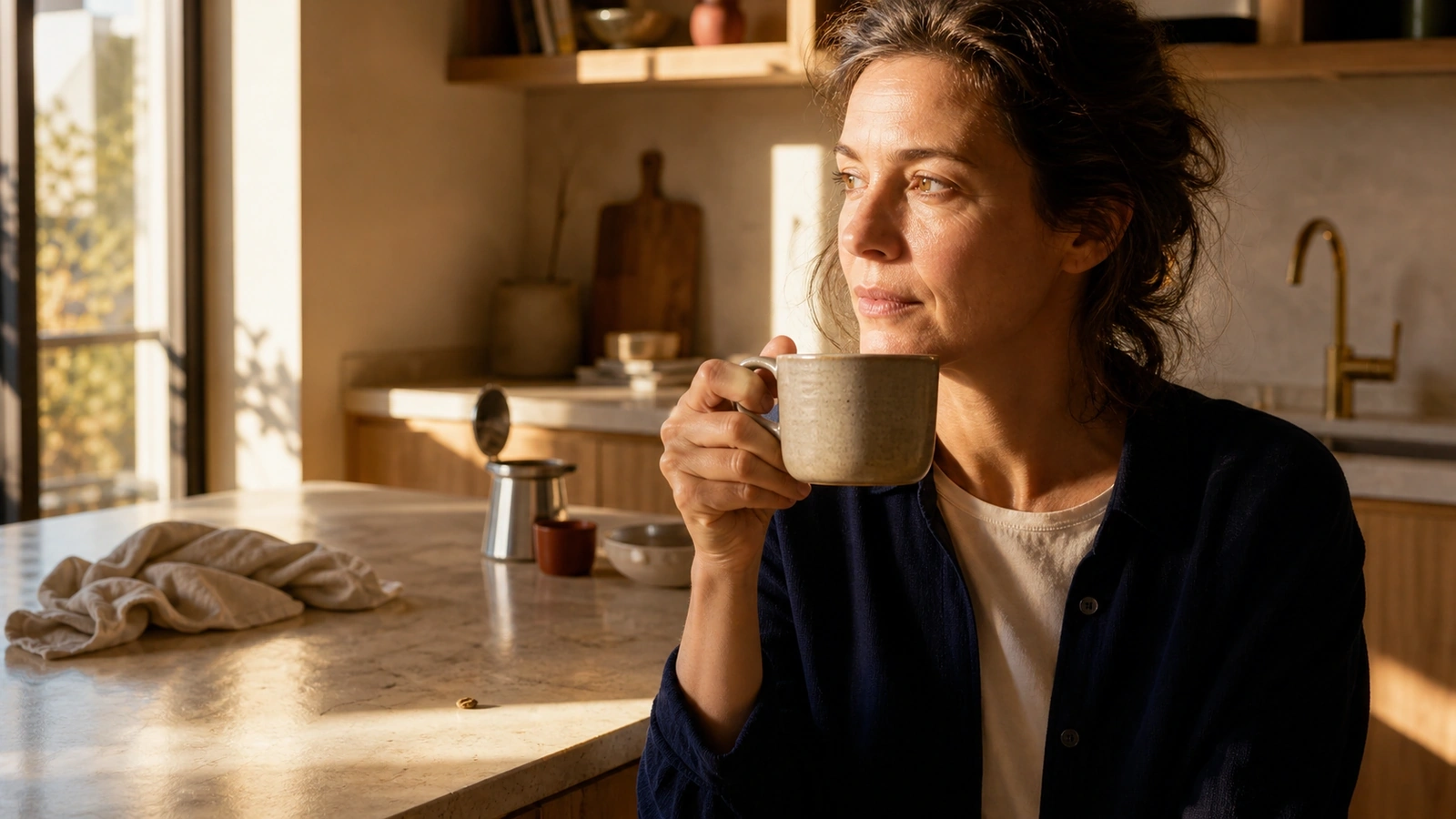 Au premier soleil du matin, une femme aux cheveux légèrement décoiffés porte une tasse vers ses lèvres et regarde par la fenêtre d'une cuisine haut de gamme en bois blond et pierre claire.