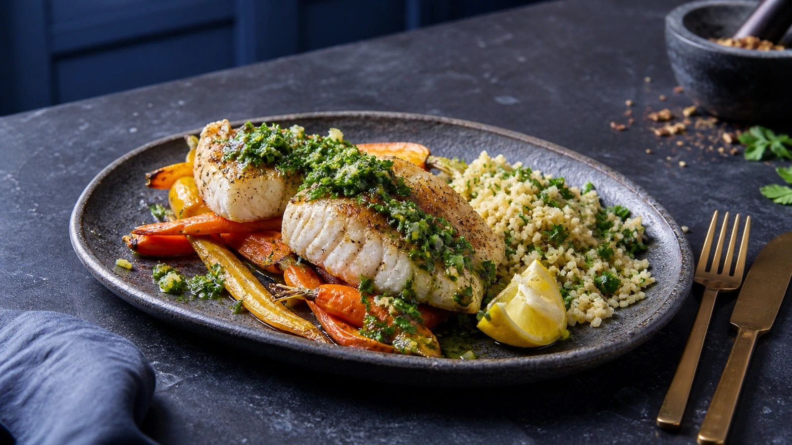 Deux dos de cabillaud dorés sont servis avec des carottes jaunes et orange rôties, du boulgour, une salsa verte aux herbes et un quartier de citron dans une assiette ovale en grès sombre.