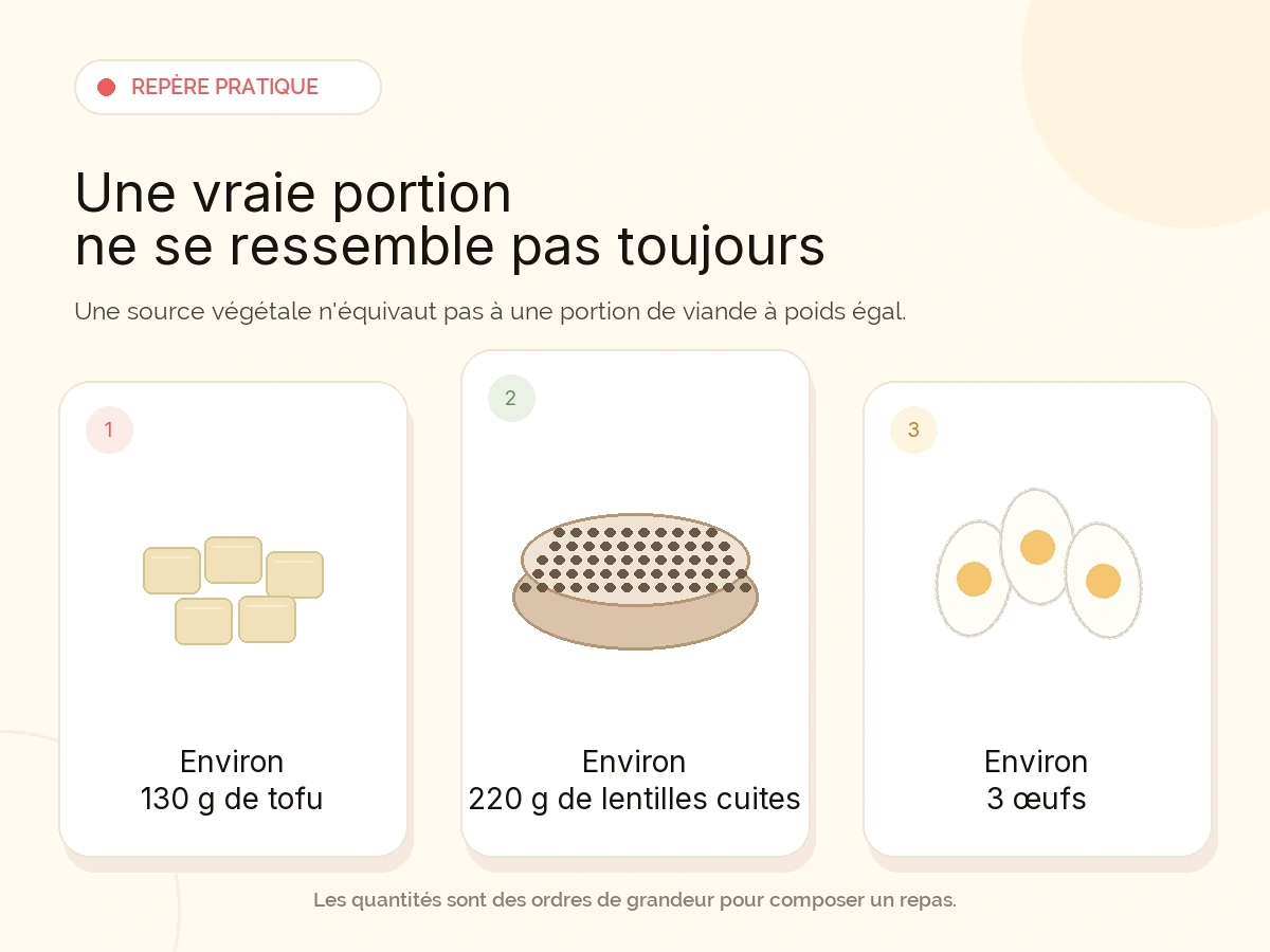 Trois cartes comparent des ordres de grandeur : environ 130 g de tofu, environ 220 g de lentilles cuites dans un récipient plus volumineux, et environ 3 œufs.