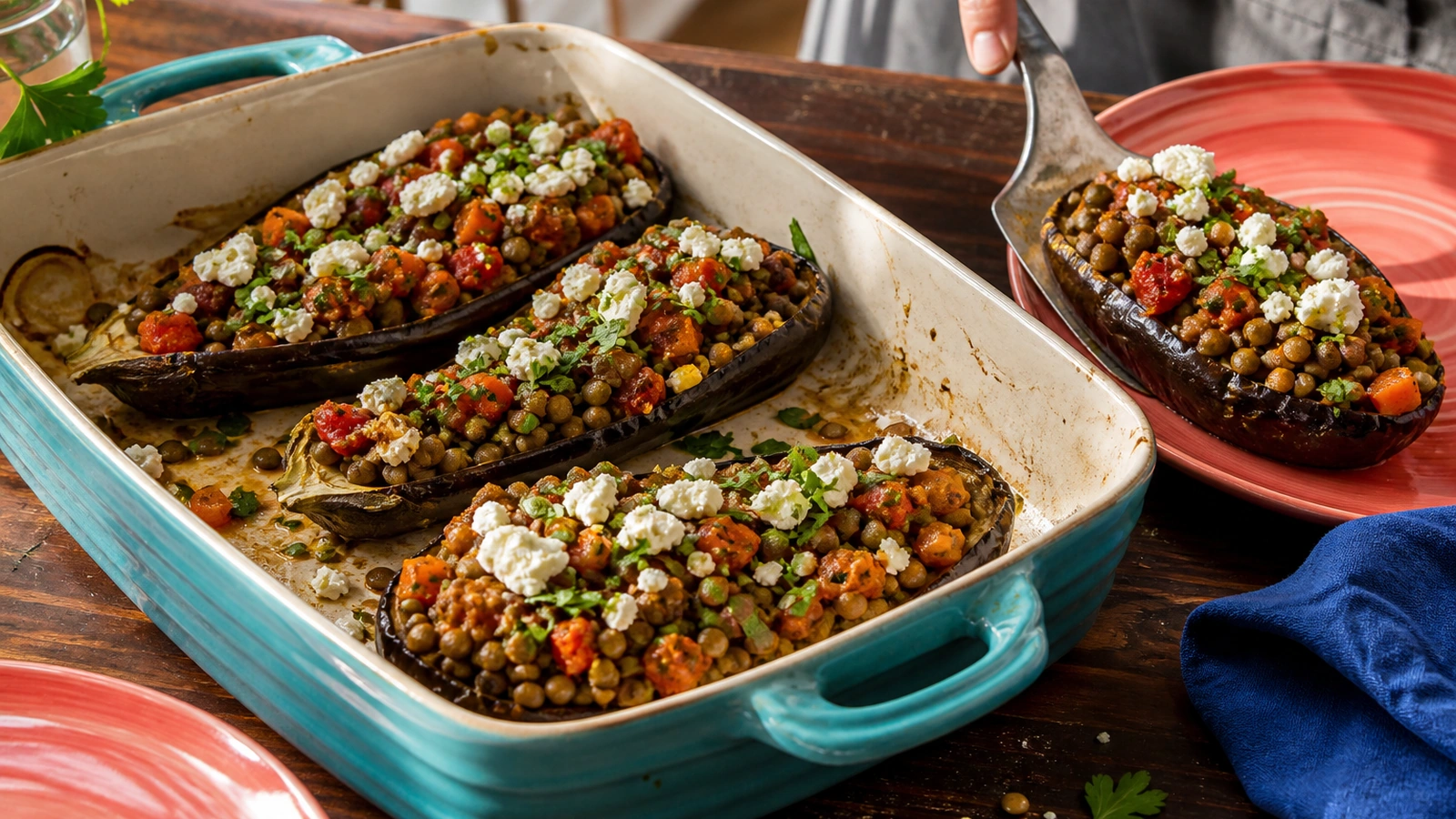 Quatre demi-aubergines rôties sont garnies de lentilles, tomates, carotte, feta et herbes dans un plat turquoise, tandis qu'une portion est servie dans une assiette corail.