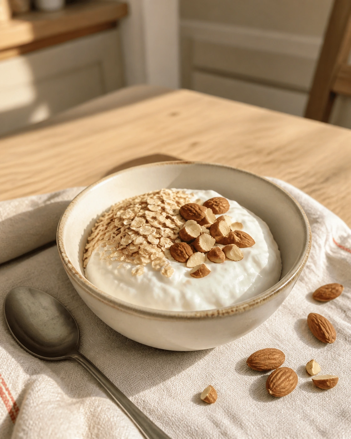 Bol en céramique de fromage blanc garni de flocons d'avoine et d'amandes, posé sur une table en bois clair dans la lumière du matin.