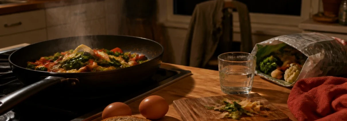 Poêlée de légumes en cours de cuisson dans une cuisine éclairée le soir, avec du pain, des œufs, des clés et la nuit visible derrière la fenêtre.