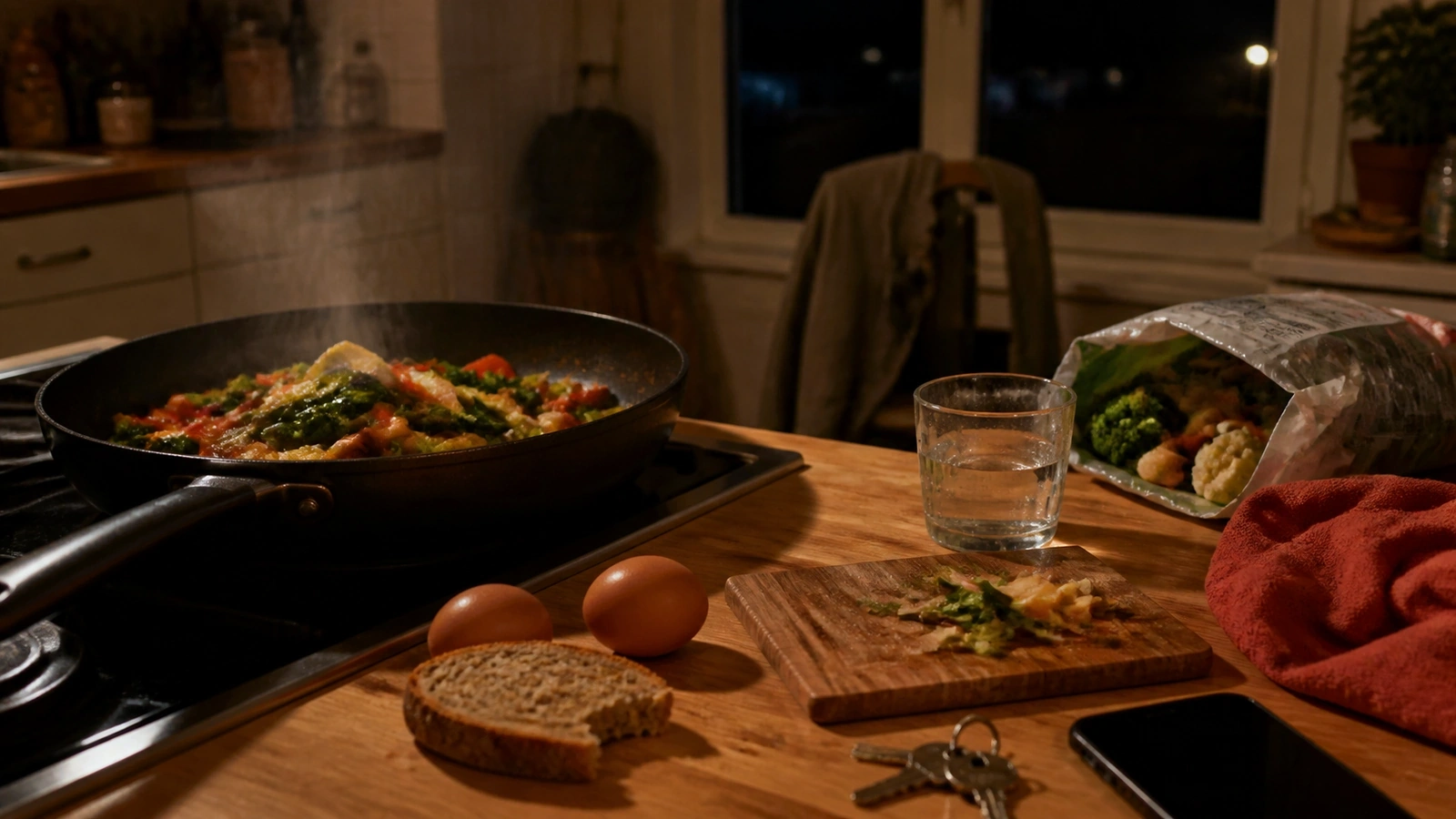 Poêlée de légumes en cours de cuisson dans une cuisine éclairée le soir, avec du pain, des œufs, des clés et la nuit visible derrière la fenêtre.