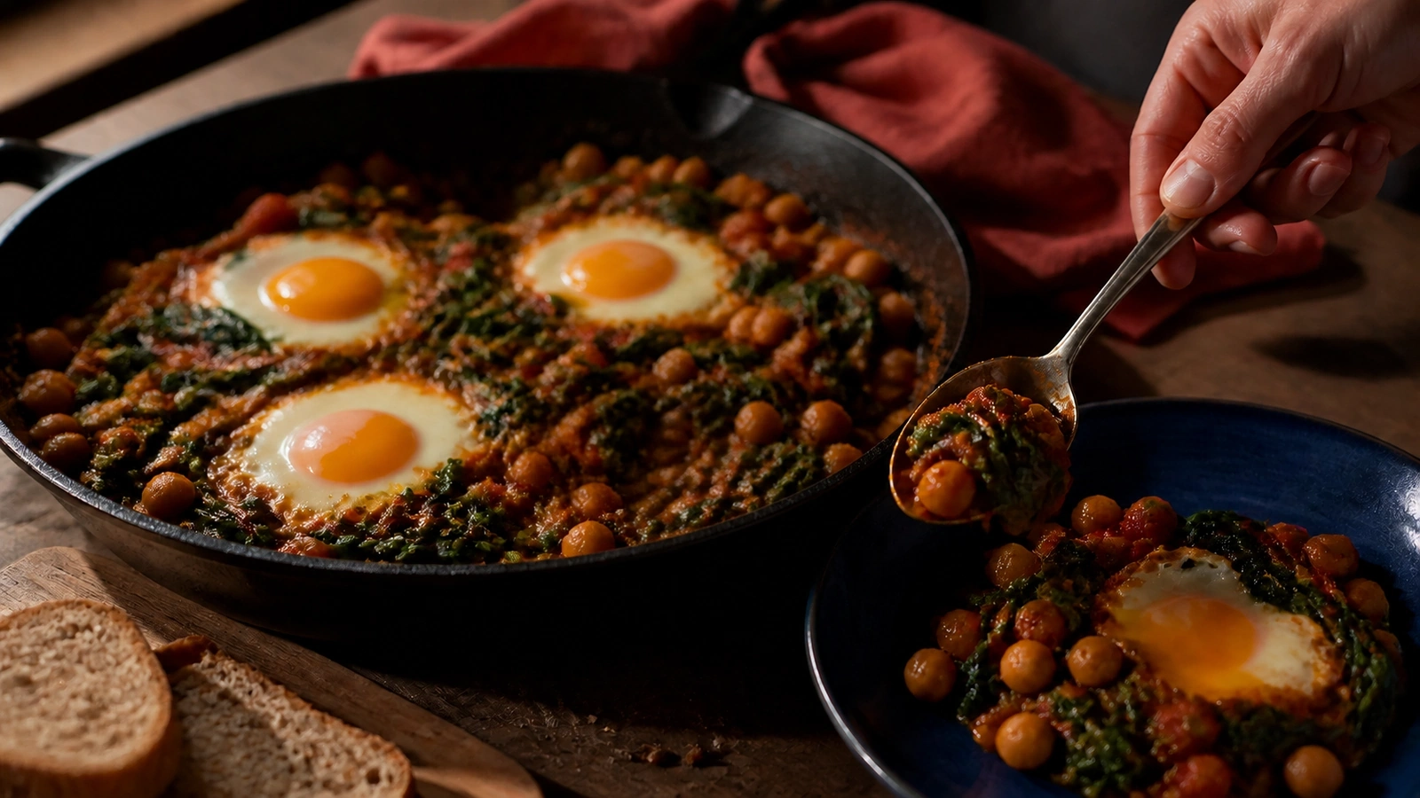 Poêlée de pois chiches, épinards, tomates et œufs servie à la cuillère dans une assiette bleue, avec du pain complet.