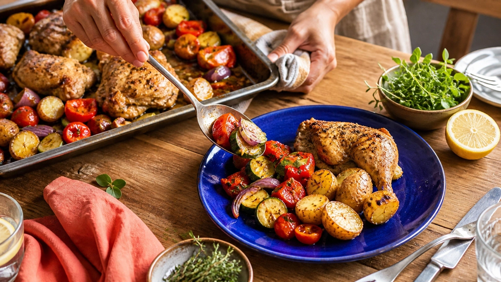 Plusieurs mains composent une assiette bleue généreuse avec du poulet rôti, des pommes de terre, des courgettes, des tomates et de l'oignon, à côté d'une plaque de cuisson sur une table en bois.