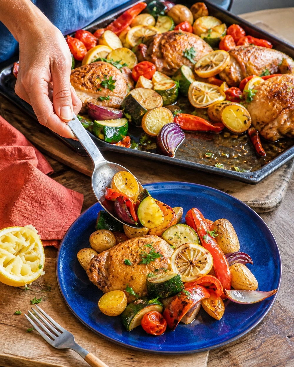 Une main sert dans une assiette bleue une plaque rôtie de poulet, pommes de terre, courgettes, poivrons, tomates et oignon, avec du citron et des herbes fraîches.