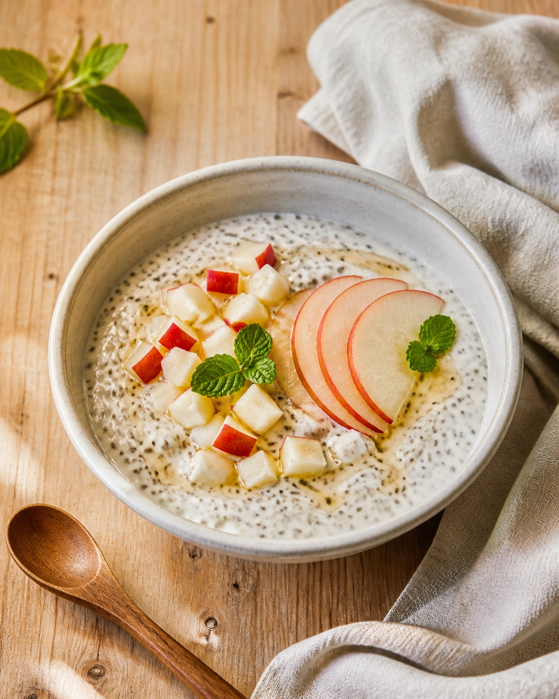 Bol de fromage blanc aux graines de chia garni de cubes et de fines tranches de pomme, d'un peu de miel et de feuilles de menthe sur une table en bois clair.
