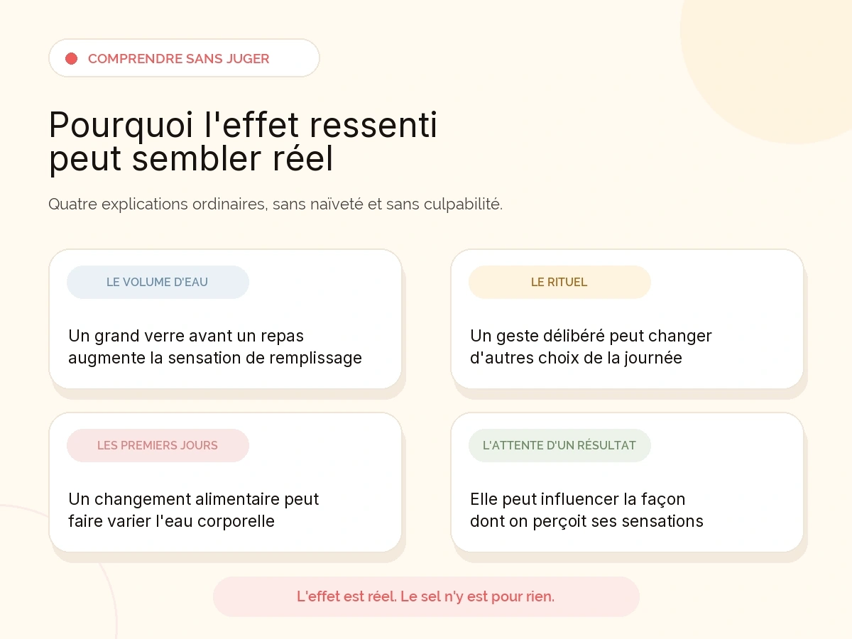 Quatre cartes expliquent pourquoi un rituel au sel rose peut sembler produire un effet : le volume d'eau, le rituel, les premiers jours et l'attente d'un résultat. Mention finale : « L'effet est réel. Le sel n'y est pour rien. »