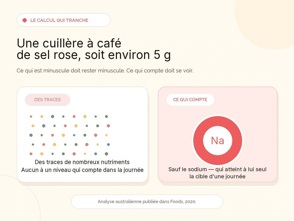 Deux cartes comparent le contenu d'une cuillère à café de sel rose d'environ 5 g : de minuscules points représentent les nutriments présents en traces, tandis qu'un grand cercle met en avant le sodium qui atteint à lui seul la cible australienne d'une journée.