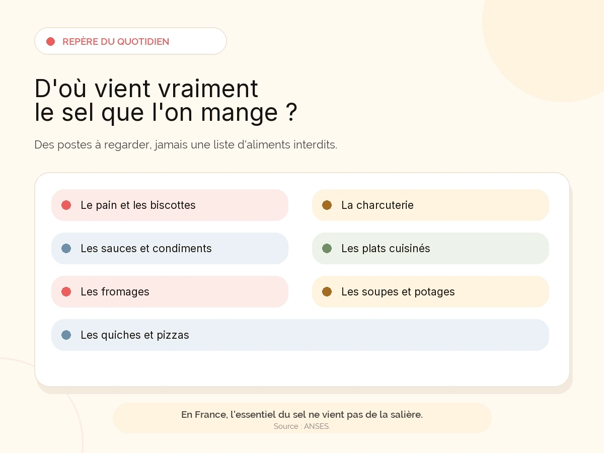 Sept cartes présentent les principales sources alimentaires de sel citées par l'ANSES : pain et biscottes, charcuterie, sauces et condiments, plats cuisinés, fromages, soupes et potages, quiches et pizzas.