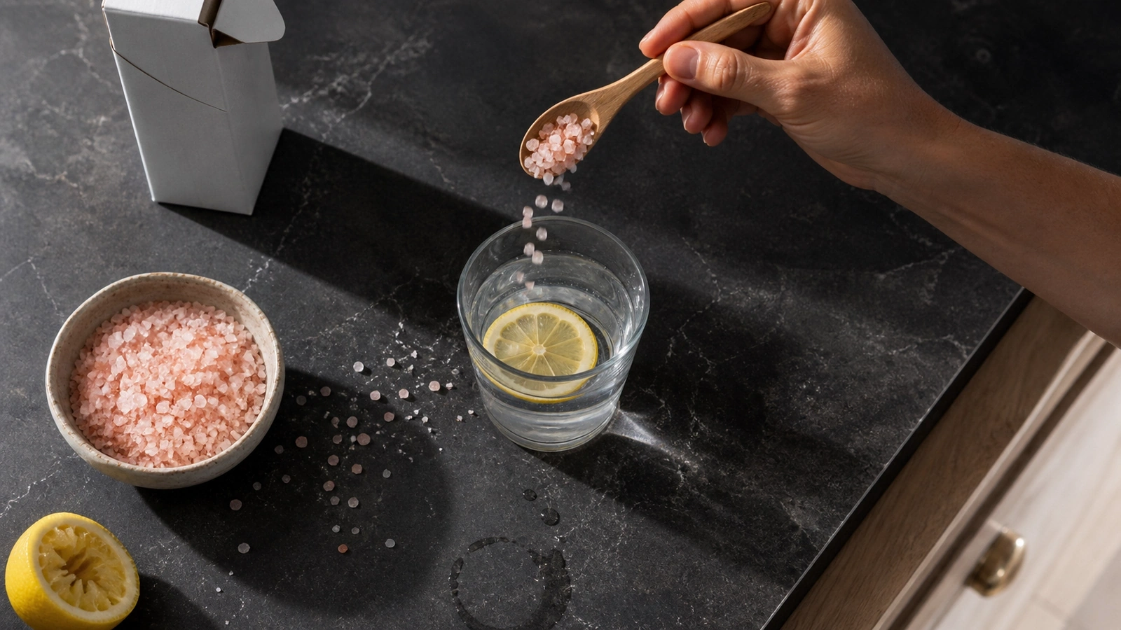 Vue en plongée d'une main versant des cristaux de sel rose depuis une cuillère en bois dans un verre d'eau citronnée, sur un plan de travail sombre avec bol de sel, demi-citron pressé et traces d'eau.