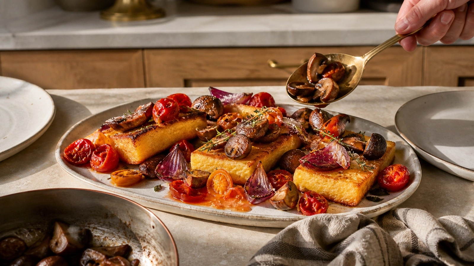 Une main ajoute des champignons saisis à un grand plat ivoire de polenta dorée, tomates rouges et ambrées rôties et pétales d'oignon rouge, dans une cuisine semi-professionnelle lumineuse.