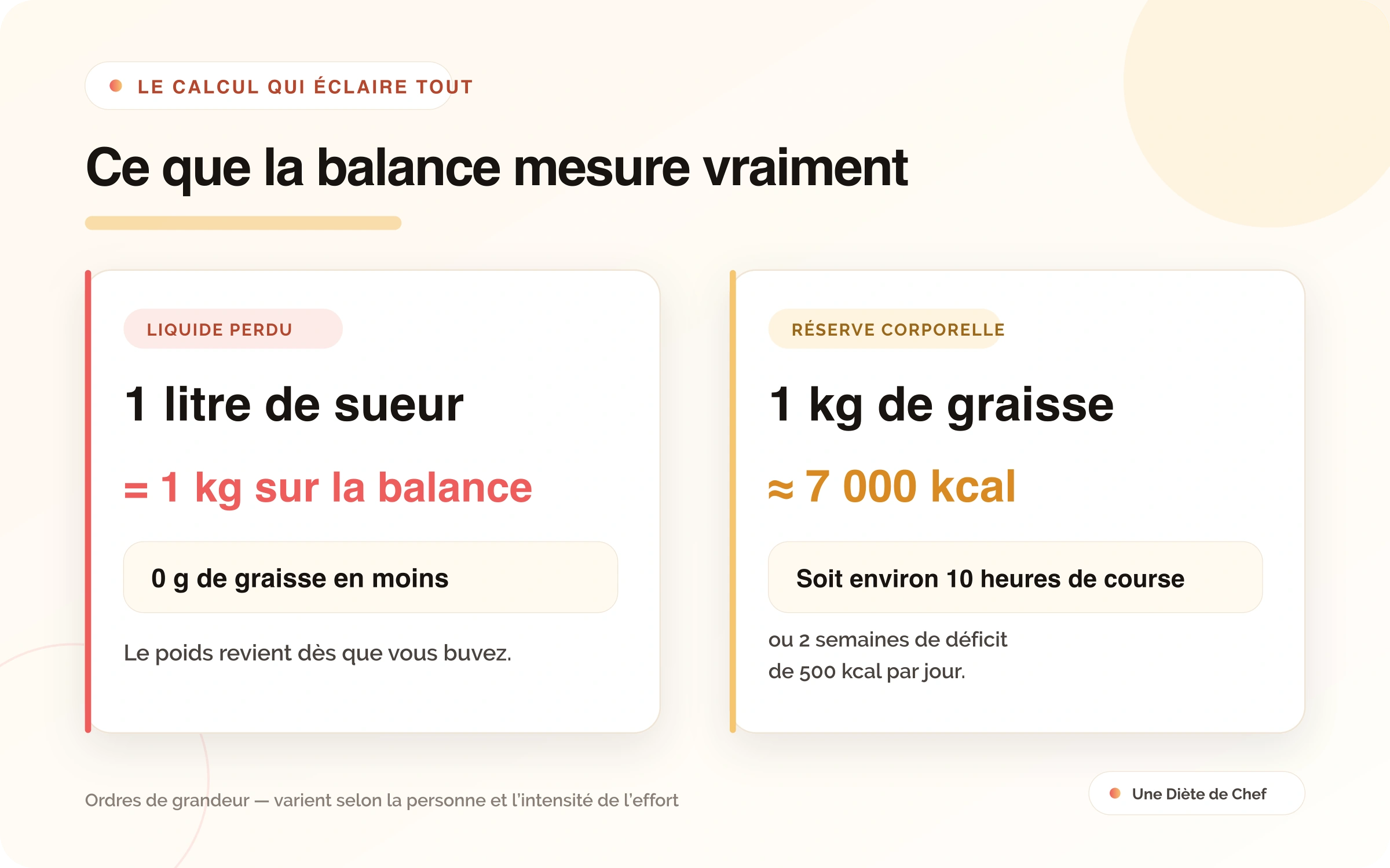 Comparaison intitulée « Ce que la balance mesure vraiment ». Un litre de sueur correspond à 1 kg sur la balance, 0 g de graisse en moins, et le poids revient dès que vous buvez. Un kilo de graisse représente environ 7 000 kcal, soit environ 10 heures de course ou 2 semaines de déficit de 500 kcal par jour. Ordres de grandeur variables selon la personne et l'intensité de l'effort.