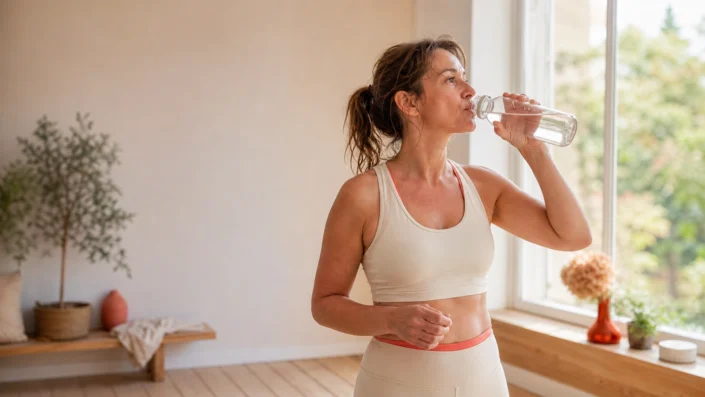 Femme en tenue de sport beige buvant de l'eau dans une pièce lumineuse après une séance.