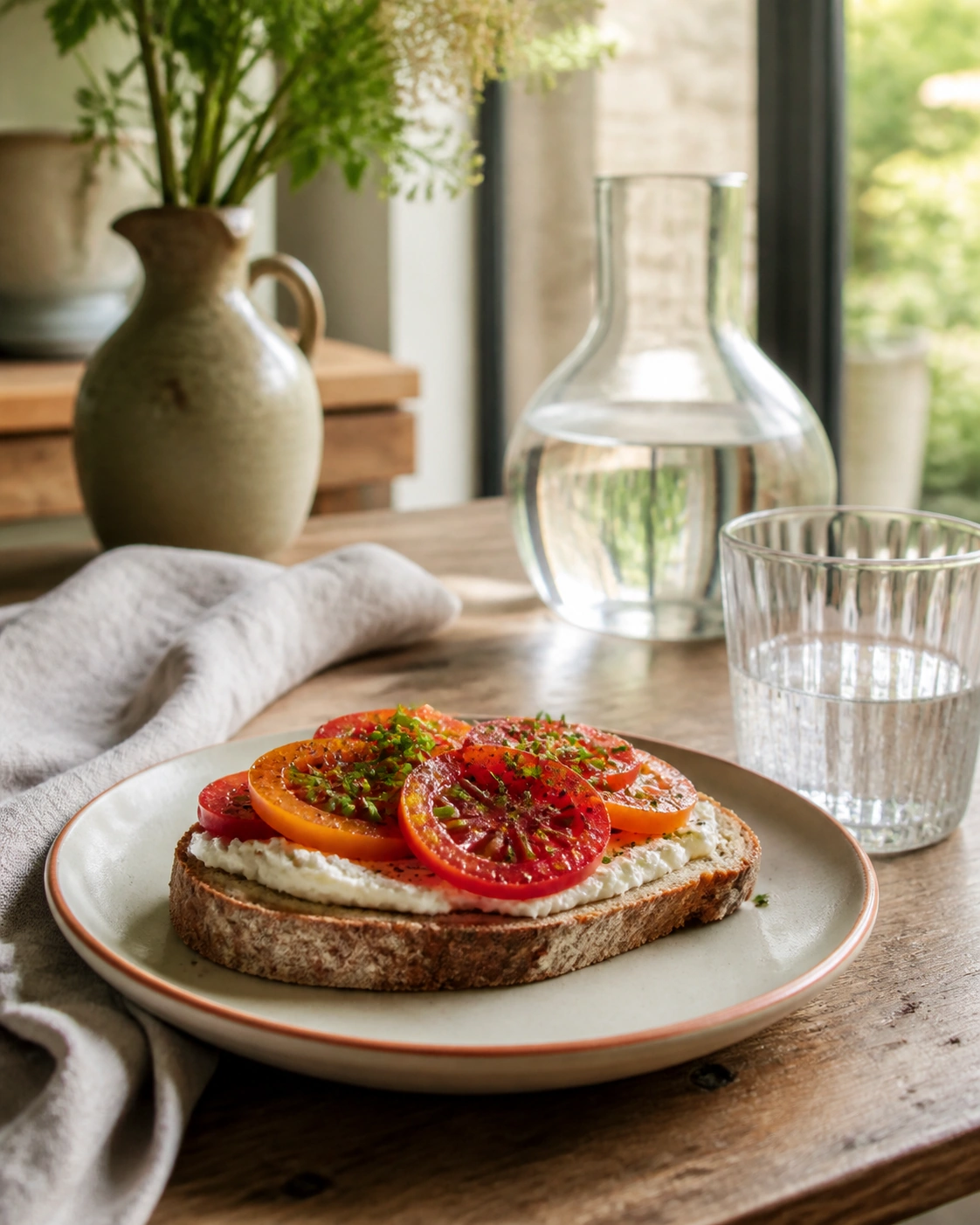 Tartine de pain complet au fromage frais, rondelles de tomate et ciboulette, servie avec un grand verre d'eau.