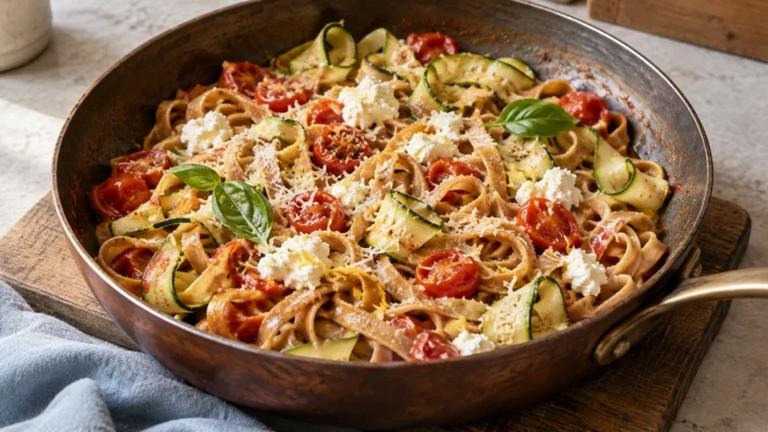 quantite-de-pates-pour-une-personne-image-principale-final Tagliatelles complètes, rubans de courgette, tomates cerises et ricotta servis dans une sauteuse, avec quelques feuilles de basilic.