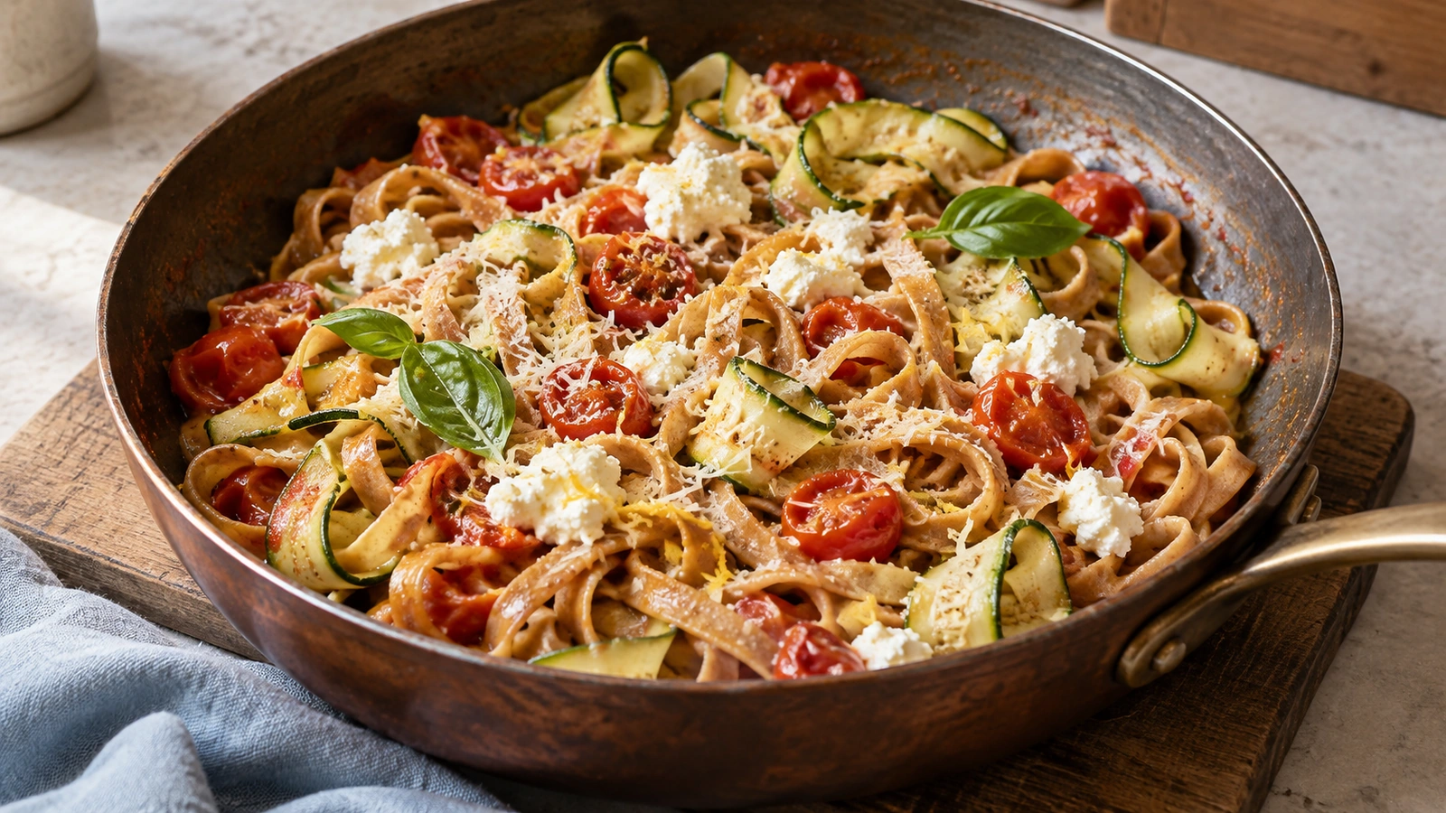 Tagliatelles complètes, rubans de courgette, tomates cerises et ricotta servis dans une sauteuse, avec quelques feuilles de basilic.