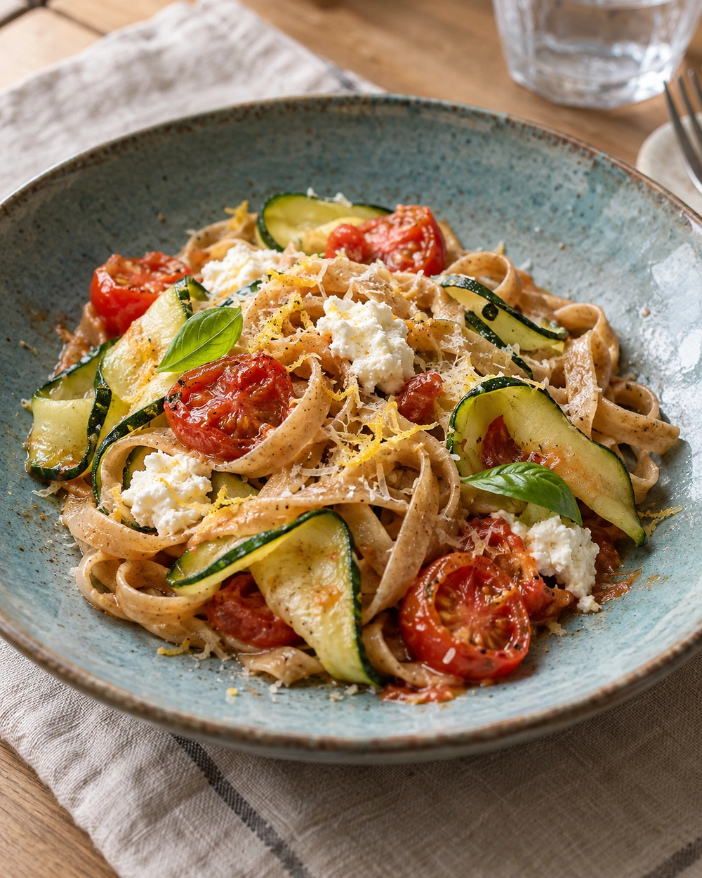 Assiette bleu-vert de pâtes complètes aux rubans de courgette, tomates et petites cuillerées de ricotta, posée sur du lin.