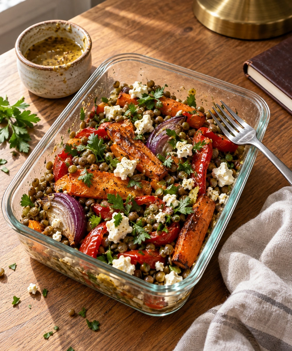 Salade de lentilles, carottes et poivrons rôtis, oignon rouge, feta et persil dans une boîte en verre ouverte sur un bureau en bois, avec la vinaigrette dans un pot séparé.